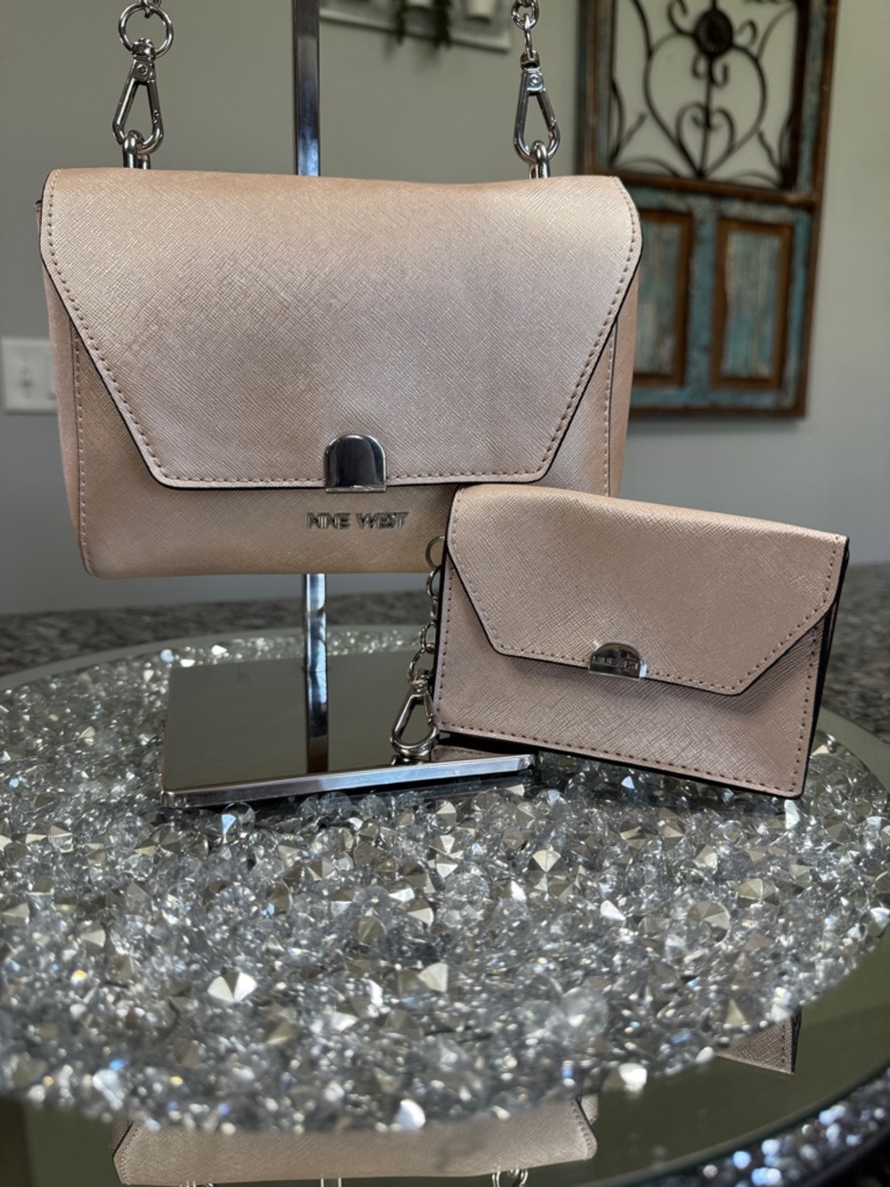 Nine West Rose Blush metallic Crossbody Bag with Matching Card Case NEW
